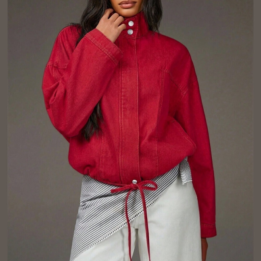 Red Denim Drawstring Waist Collared Zip Front Oversized Bomber Jacket